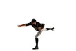© master1305 - Baseball player, pitcher in a black uniform practicing and training isolated on a white background. Young professional sportsman in action and motion. Healthy lifestyle, sport, movement concept.