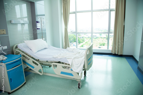 Recovery Room with beds and comfortable medical. Interior of an empty hospital room.