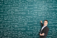 Man Teacher With Algebra Background Blackboard Board Business Calculations