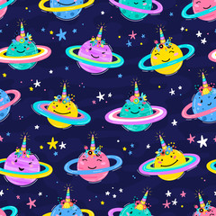  Magic Unicorn Seamless Pattern with Saturn Planets. Cute Saturn Planet Smiling Face with Unicorn Horn and Flower Crown. Space Vector Background for Kids t-shirt Print, Nursery Design, Birthday Party