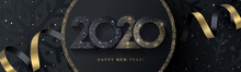 Happy New Year 2020 Beautiful Sparkling Design Of Numbers On Black Background With Texture Of Black Snowflakes And Shining Falling Snow. Trendy Modern  Winter Banner, Poster Or Greeting Card Template