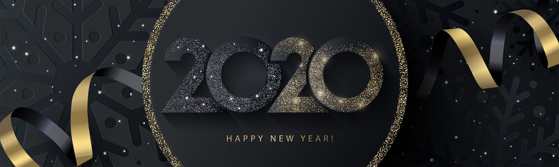 Happy New Year 2020 beautiful sparkling design of numbers on black background with texture of black snowflakes and shining falling snow. Trendy modern  winter banner, poster or greeting card template