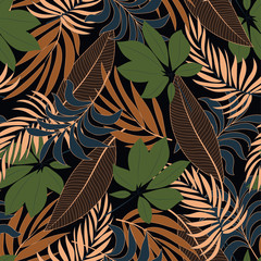  Abstract seamless tropical pattern with bright green and brown plants and leaves on black background. Seamless exotic pattern with tropical plants. Jungle leaf seamless vector floral pattern