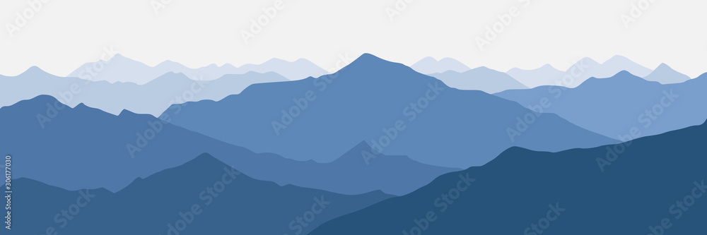 Vector illustration of mountains, ridge in the morning haze, panoramic view - obrazy, fototapety, plakaty 