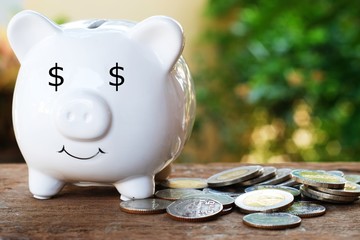 Piggy bank with dollar eye and pile of coin for saving money concept.