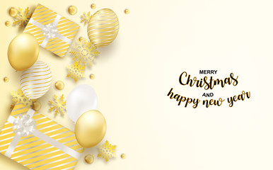 Wall Mural - Happy new year and Merry Christmas. Design with balloons ,gift box and gold snowflakes on soft background .vector. illustration.