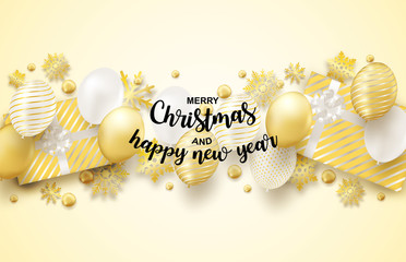 Wall Mural - Happy new year and Merry Christmas. Design with balloons ,gift box and gold snowflakes on soft background .vector. illustration.