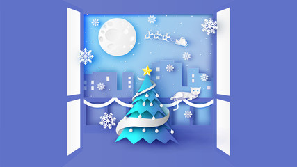 Looking out from door at balcony to city view see Christmas tree and Santa Claus in sleigh flying on Christmas night sky. Merry Christmas. paper cut and craft style. vector, illustration.