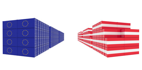 3D Illustration of two group Cargo Containers with Austria and European Union Flag on white background. Delivery, transportation, shipping freight transportation.