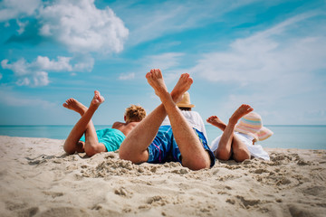 Poster - father with son and daughter relax on beach vacation