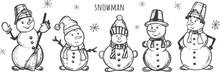 Snowmen With Broom, In A Hat, In A Hat With A Scarf. Vector Graphics. Sketch. Eps