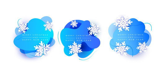 Set of winter sale banners. Vector illustration with liqvid shape and snowflakes isolated on white background for shopping mobile website, banners, posters, coupons, social media