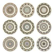 Set Of Nine Decorative Plates With A Circular Colored Pattern, Top View. White Background. Vector Illustration.