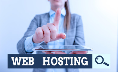 Writing note showing Web Hosting. Business concept for business of providing storage space and access for websites Digital business concept with business woman