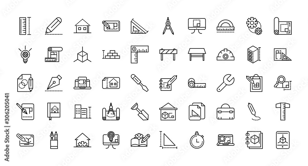 architecture construction tools icons set line - obrazy, fototapety, plakaty 