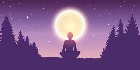 lonely person enjoy the silence in the nature by moon light vector illustration eps10