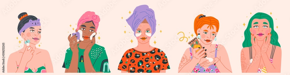 Beauty routine. Beautiful young ladies. Various spa procedures. Face care concept. Cleansing, moisturizing, treating. Hand drawn vector set. Trendy illustration. All elements are isolated - obrazy, fototapety, plakaty 