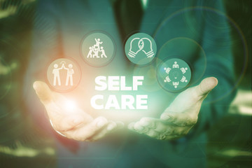 Text sign showing Self Care. Business photo showcasing practice of taking action preserve or improve ones own health