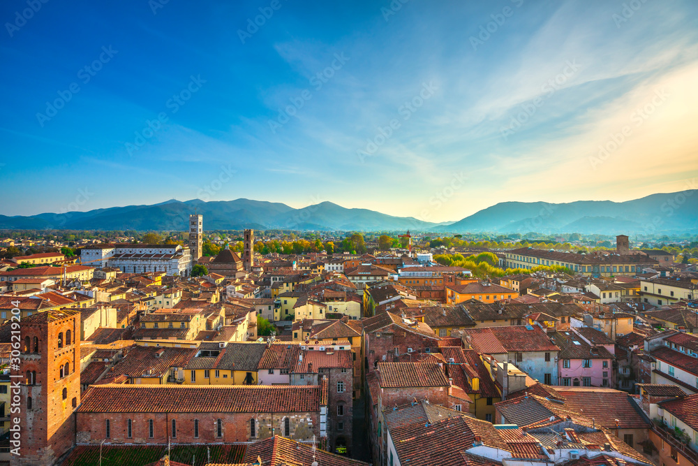 Lucca panoramic aerial view of city and San Martino Cathedral. Tuscany, Italy - obrazy, fototapety, plakaty 