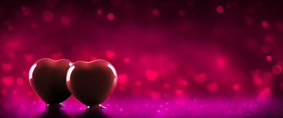Wall Mural - two hot melting chocolate hearts with soft heart shaped bokeh and romantic red background - valentin
