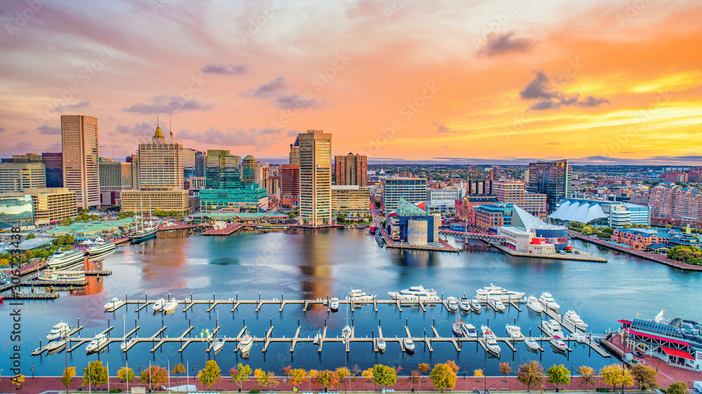 Baltimore Maryland MD Inner Harbor Skyline Aerial - obrazy, fototapety, plakaty 