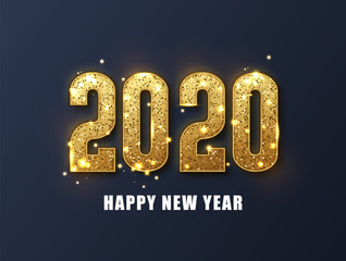 New Year 2020 Elegant gold text with light. Holiday vector illustration of golden numbers 2020. Festive poster or banner design.