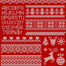 Knitted Sweater Patterns, Elements And Letters. Vector Set.