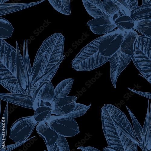 Seamless floral pattern with tropical flowers on light background. Template d...