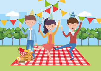 Sticker - People cartoons having picnic vector design