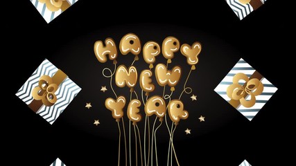 Sticker - happy new year golden lettering with gifts presents