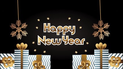 Sticker - happy new year golden lettering with gifts presents