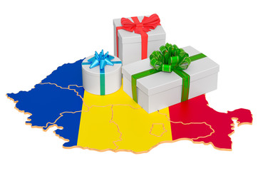 Gift boxes on the Romanian map. Christmas and New Year holidays in Romania concept. 3D rendering