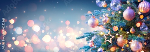 Fotografía Christmas Tree With Golden Baubles And Shiny Lights In Blue Background