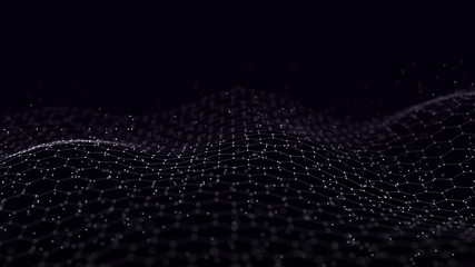 Leinwandbilder - Wave with the connection of points and lines on a polygonal dark background. Futuristic abstract mesh.
