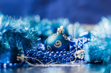 Christmas blue toys for Christmas tree, balls, stars.