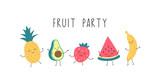 Fototapeta Dinusie - Cartoon funny fruit party with dancing banana, watermelon, pineapple, avocado, strawberries. Vector isolated illustration on a white background.