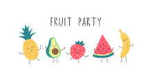 Cartoon Funny Fruit Party With Dancing Banana, Watermelon, Pineapple, Avocado, Strawberries. Vector Isolated Illustration On A White Background.