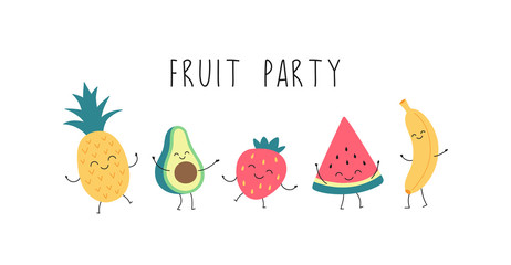 Cartoon funny fruit party with dancing banana, watermelon, pineapple, avocado, strawberries. Vector isolated illustration on a white background.