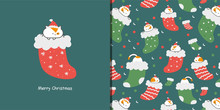 Seamless Christmas Pattern With Cute Cartoon Cats In Socks, Merry Christmas And Happy New Year Of The Mouse 2020