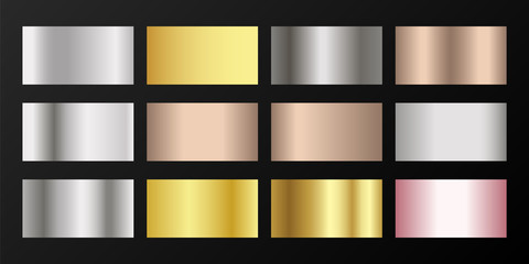 Silver, platinum, bronze, pink gold vector metallic gradients.