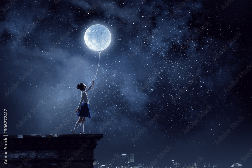 Kid girl catching moon. Mixed media - obrazy, fototapety, plakaty 