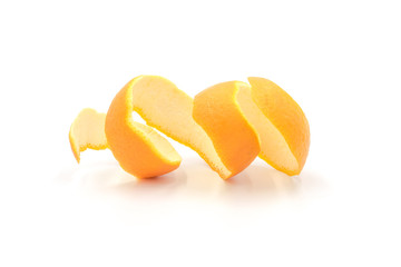 Wall Mural - Slice of curly fresh orange peel closeup isolated on white background