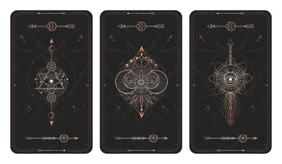 Wall Mural - vector set of three dark backgrounds with sacred symbols, grunge textures and frames. illustration i