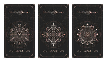 Wall Mural - Vector set of three dark backgrounds with sacred symbols, grunge textures and frames. Illustration in black and gold colors.