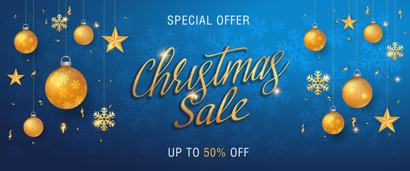 Wall Mural - Christmas sale blue background banner or web header with glitter gold elements, snowflakes, stars and calligraphy
