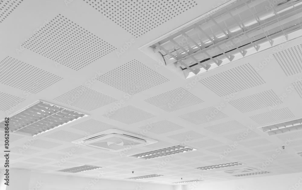 acoustic ceiling with lighting and air condition - obrazy, fototapety, plakaty 