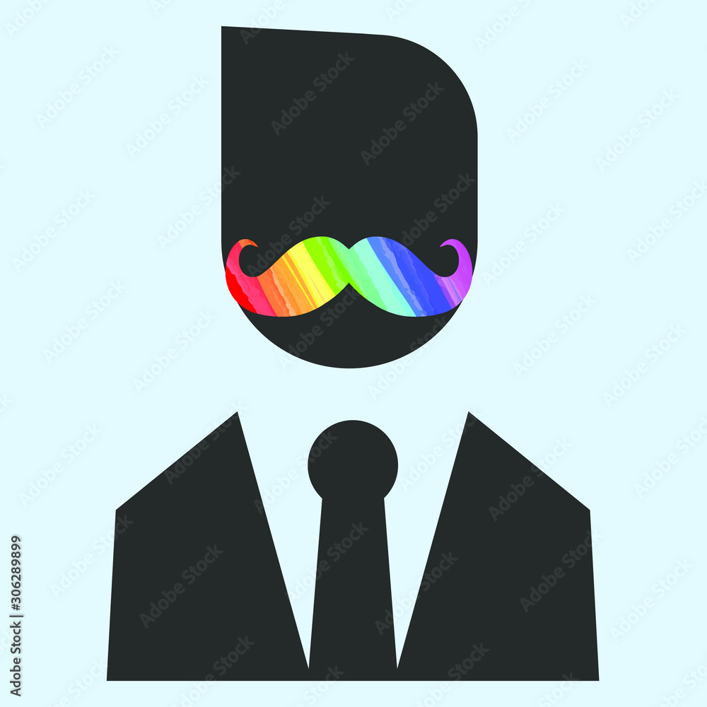 male silhouette with moustache painted with the colors of an LGBT community rainbow - obrazy, fototapety, plakaty 