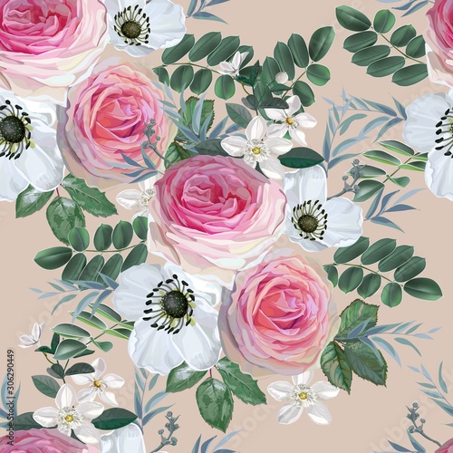 Cuadros en Lienzo Flower bouquet with pink rose and white flowers with leaves vector illustration