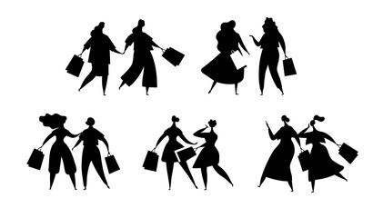 Silhouettes of women with shopping. Fashionable girls with bags go to the store, cafe, boutique. Black-white illustration of people with purchases in cartoon style. Vector isolated 