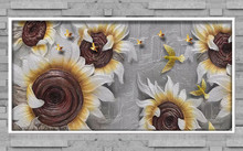 3d Illustration, Gray Brick Wall, Embossed White Sunflowers In A White Frame